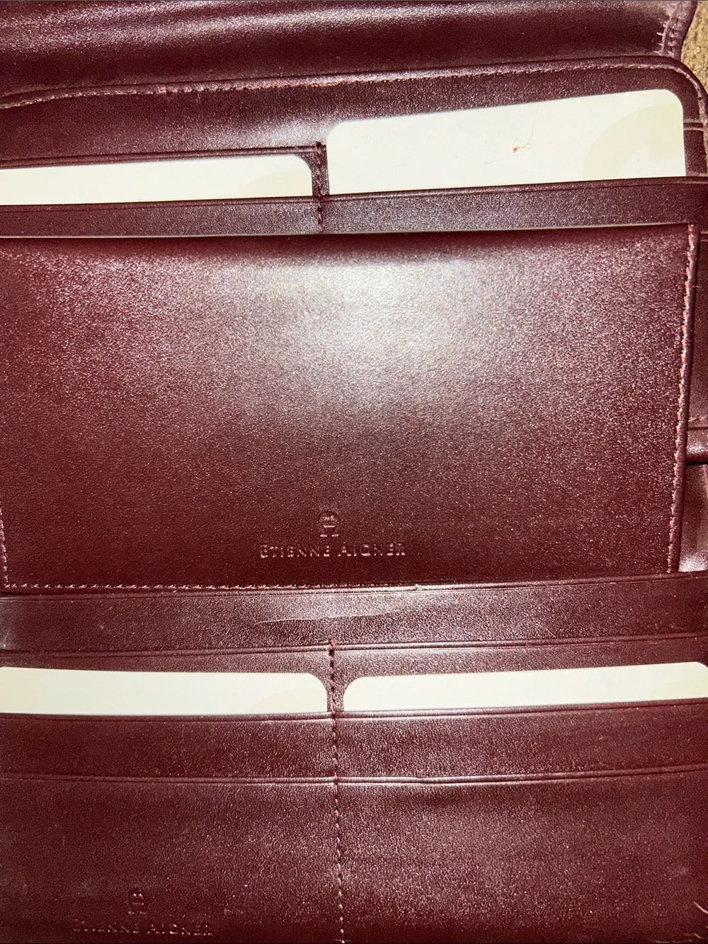 Etienne Aigner Plum Leather Clutch Wallet with Gold Tone Hardware